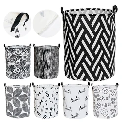 Folding Canvas Black White Printed Cotton Waterproof Collapsible Toy Organizer Clothes Laundry Storage Basket Bins with Handle