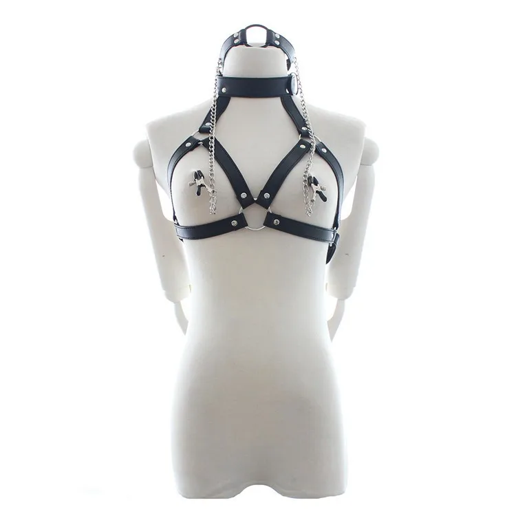 Mamma Bondage Harness with Leather BDSM Sex Toys Restraint Lingerie Nipple Clamps
