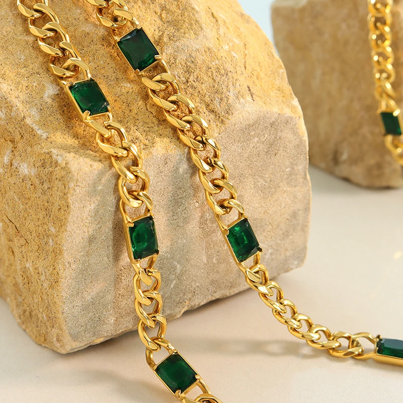 Wholesale Hip Hop Cuban Coarse Chain Green Glass Stone Pendant Necklace Bracelet Jewelry Sets