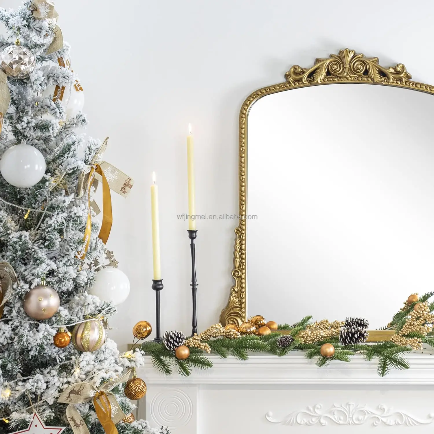 Antiqued Gold Ornate Mirror Arched Mantel Wall Mirror Baroque Inspired Bathroom Vanity Rectangle Wall Mounted Mirror