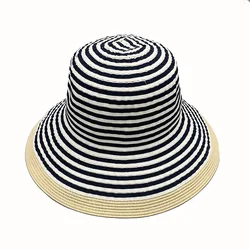 2022 new classic black and white stripes beach hat foldable wide brim Hat Summer Beach Floppy Sun Cruise Hat