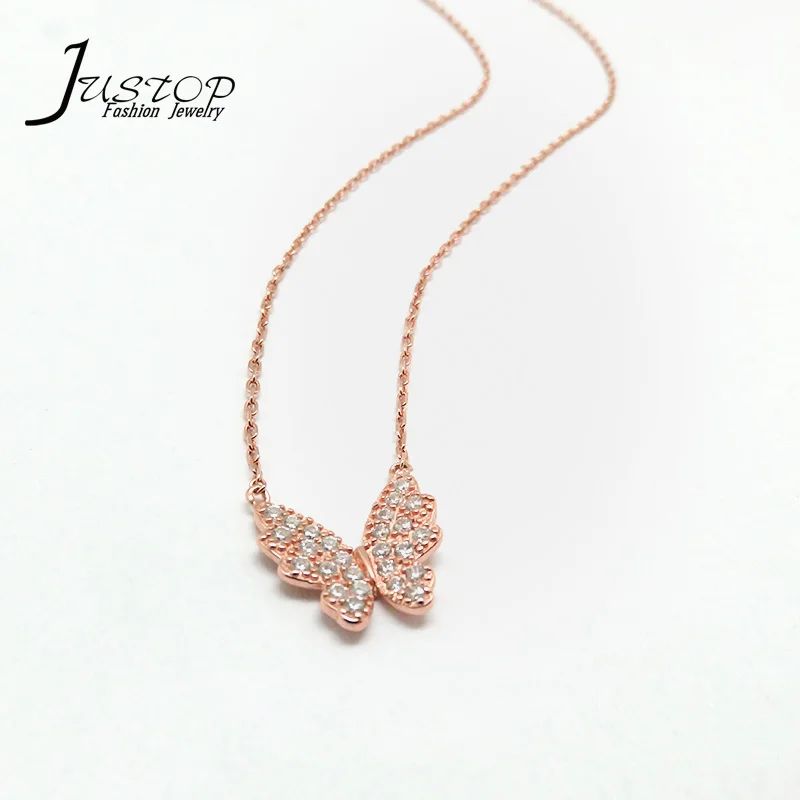 French design vogue charms Real 925 sterling silver jewelry pink gold pendant chain butterfly necklaces with zircon