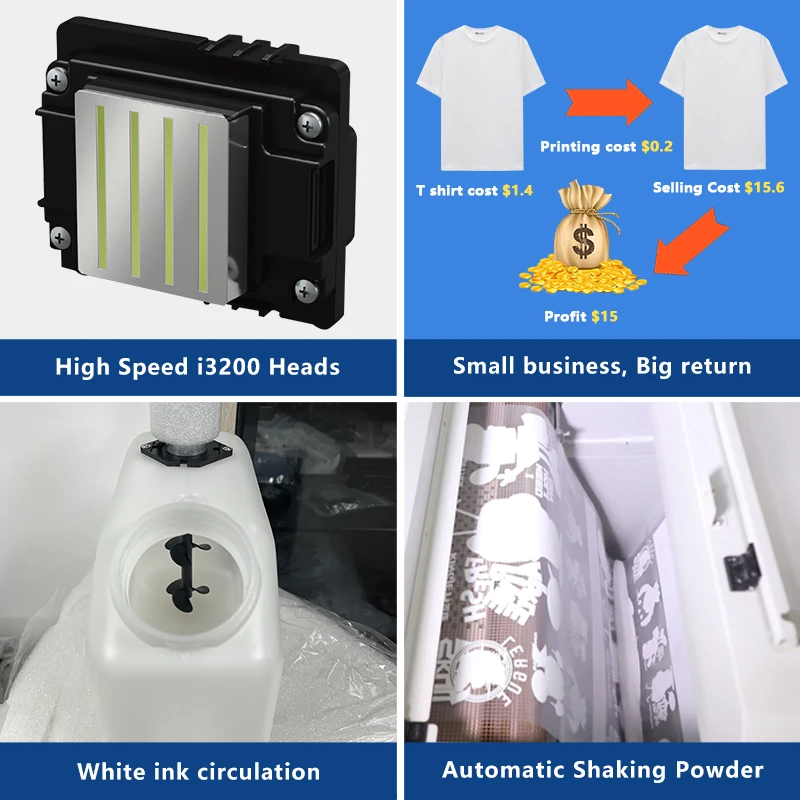Kingjet pet film dtf printer set xp600 i3200 t shirt dtg 30cm 60cm 2 heads printing machine a2 a3 large dtf printer