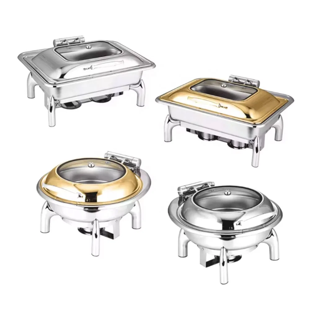 Food Buffet 9L 6L Display Round Rectangle Roll Top Chafing Dish Buffet Set Stainless Steel Gold Chafing Dishes For Catering