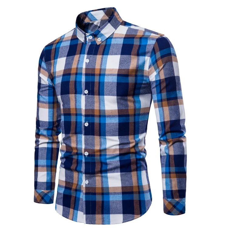 2024 custom long sleeves casual big plaids blue men shirt