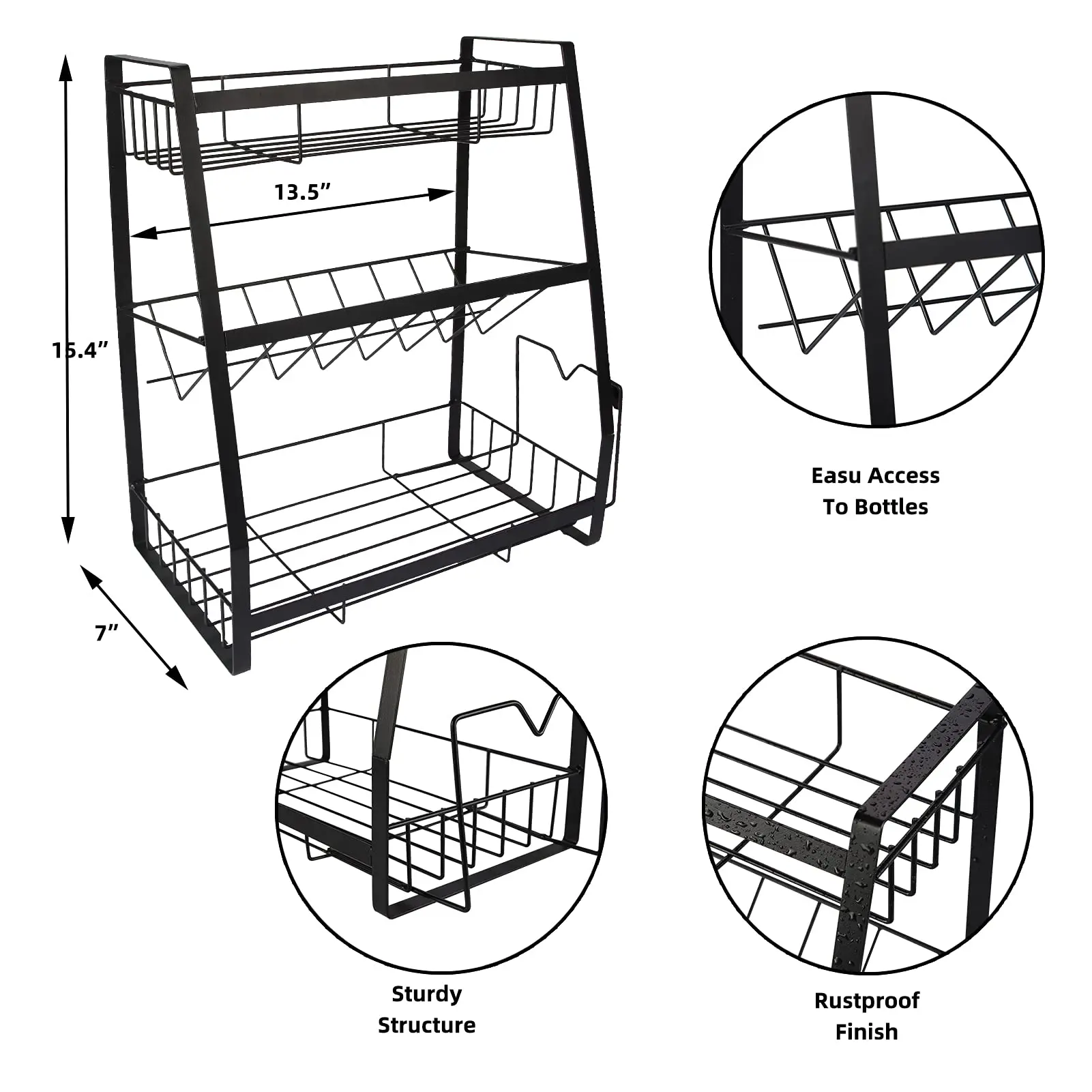 Ningbo Factory Kitchen Seasoning Organizer High Capacity Wall Mount 3 Tier Metal Storage Spice Rack with Cutting Board Stand
