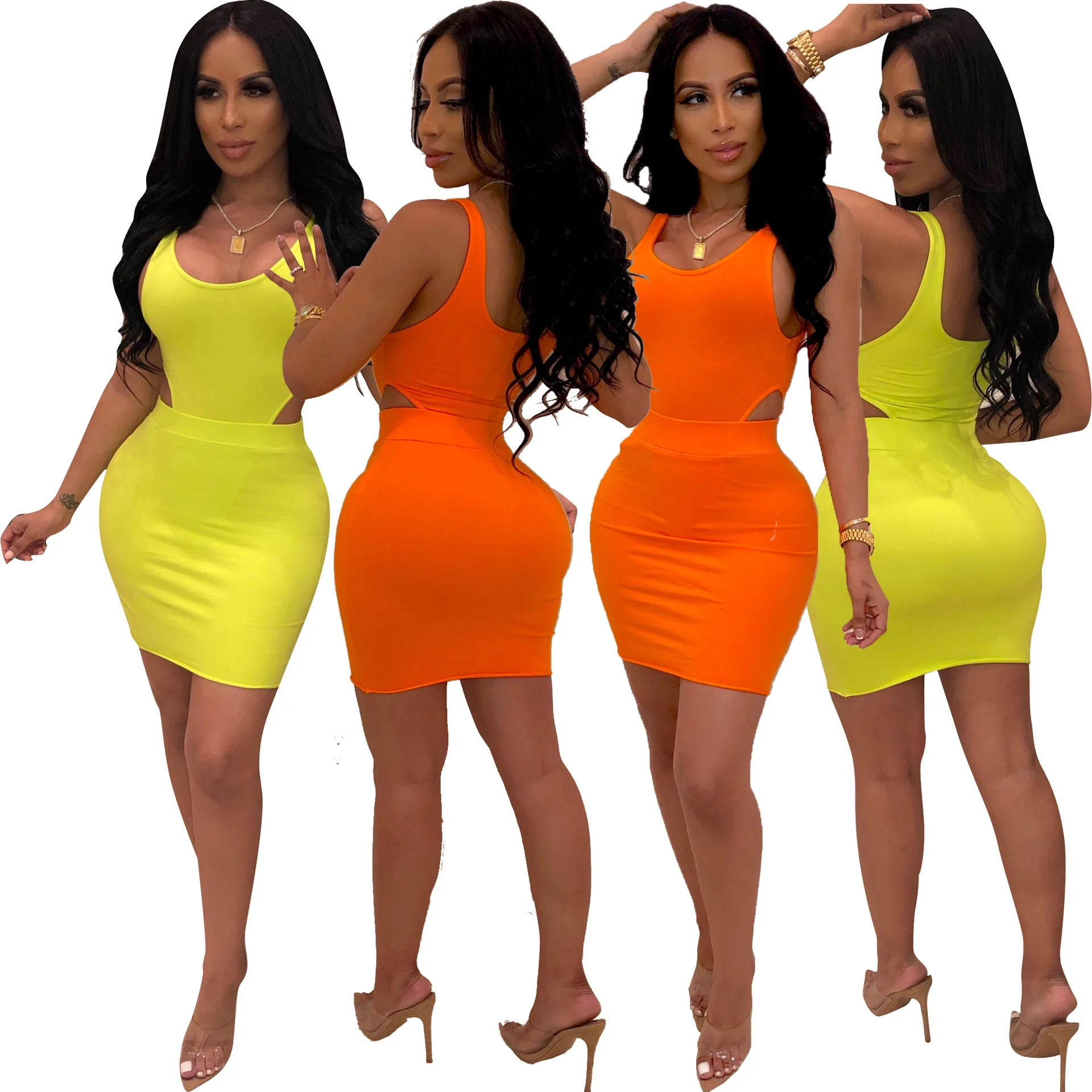 
Solid Color Sleeveless Cut Out Women Clothing Mini Two Piece Skirt Set Summer Dresses 