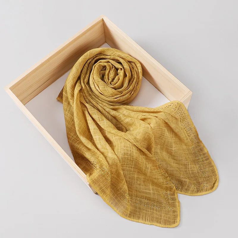 Hot sale hot diamond gold powder scarves fashion plain cotton hemp slubby yarn scarf female Malay Indonesian hijab shawl