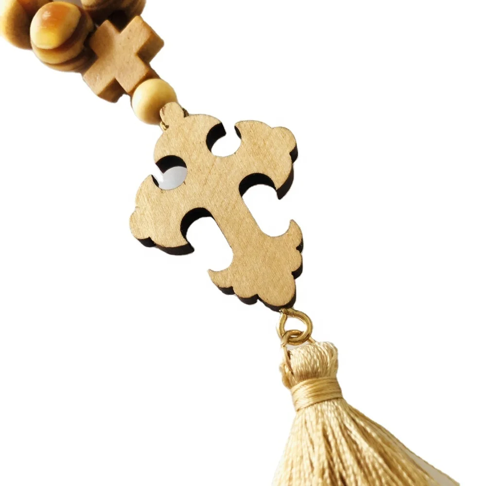 faux olive wood unfinished Prayer Beads orthodox Cross Rosary 11*12mm Wooden Beads Necklace car hanging rosary with brown tassel