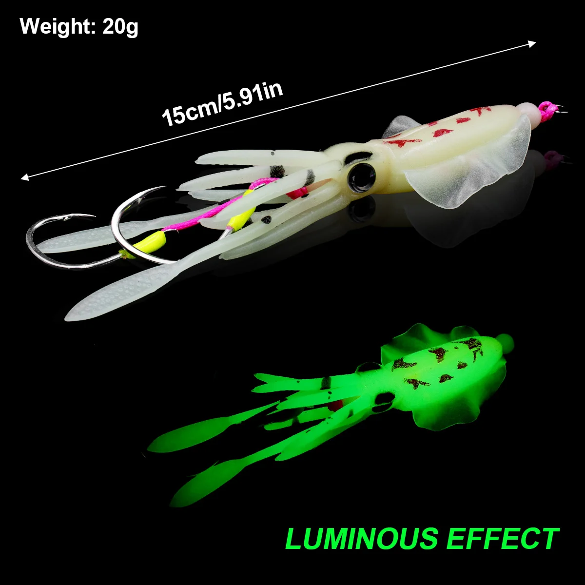 New Salt water fishing Life like 5.9 inch Luminous soft Octopus Lure with Biotic Eyes Bright Glow at dark and strong steel Hook