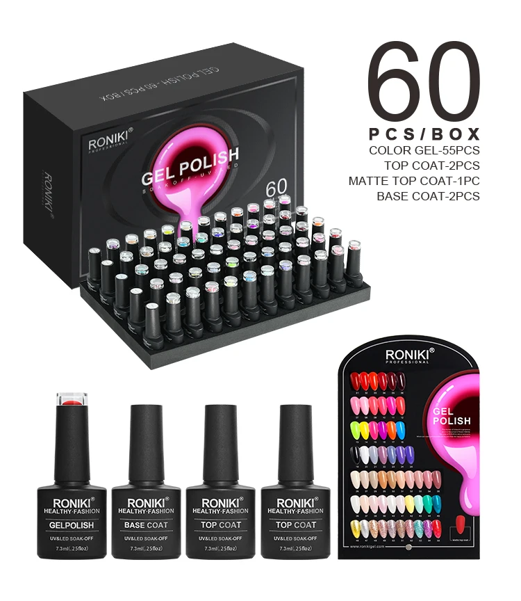 RONIKI nails polish colour uv gel set 60pcs/kit Manicure Nail Art Salon Base and Top Coat Enamel Varnish Uv gel nail polish set