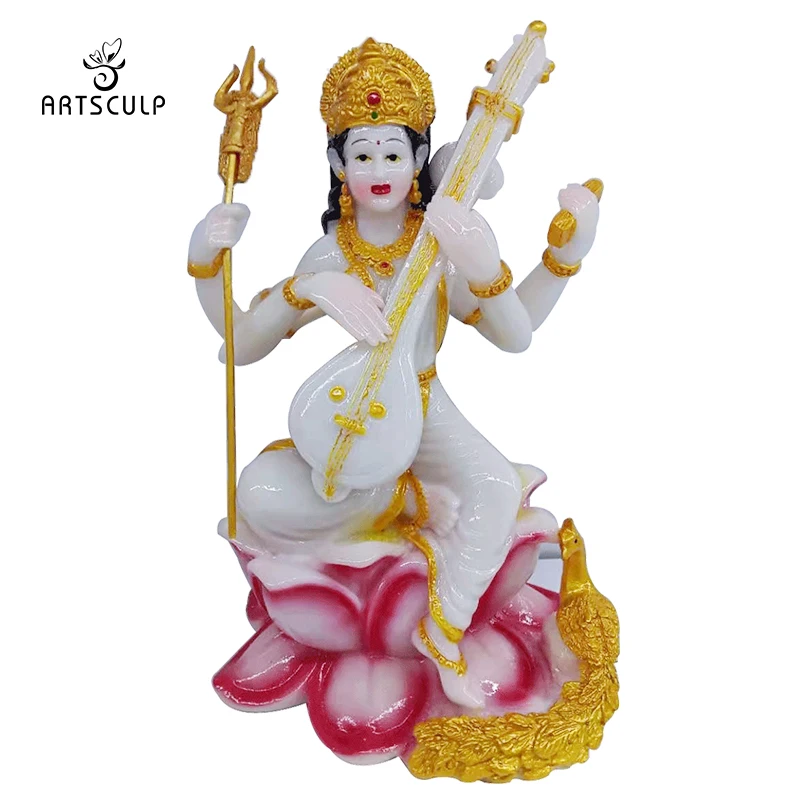 White Jade Style Indian Tsamundi Goddess Shri Saraswati Decor Trishula Murti Hindu Idol Maa Sarasvati Statue