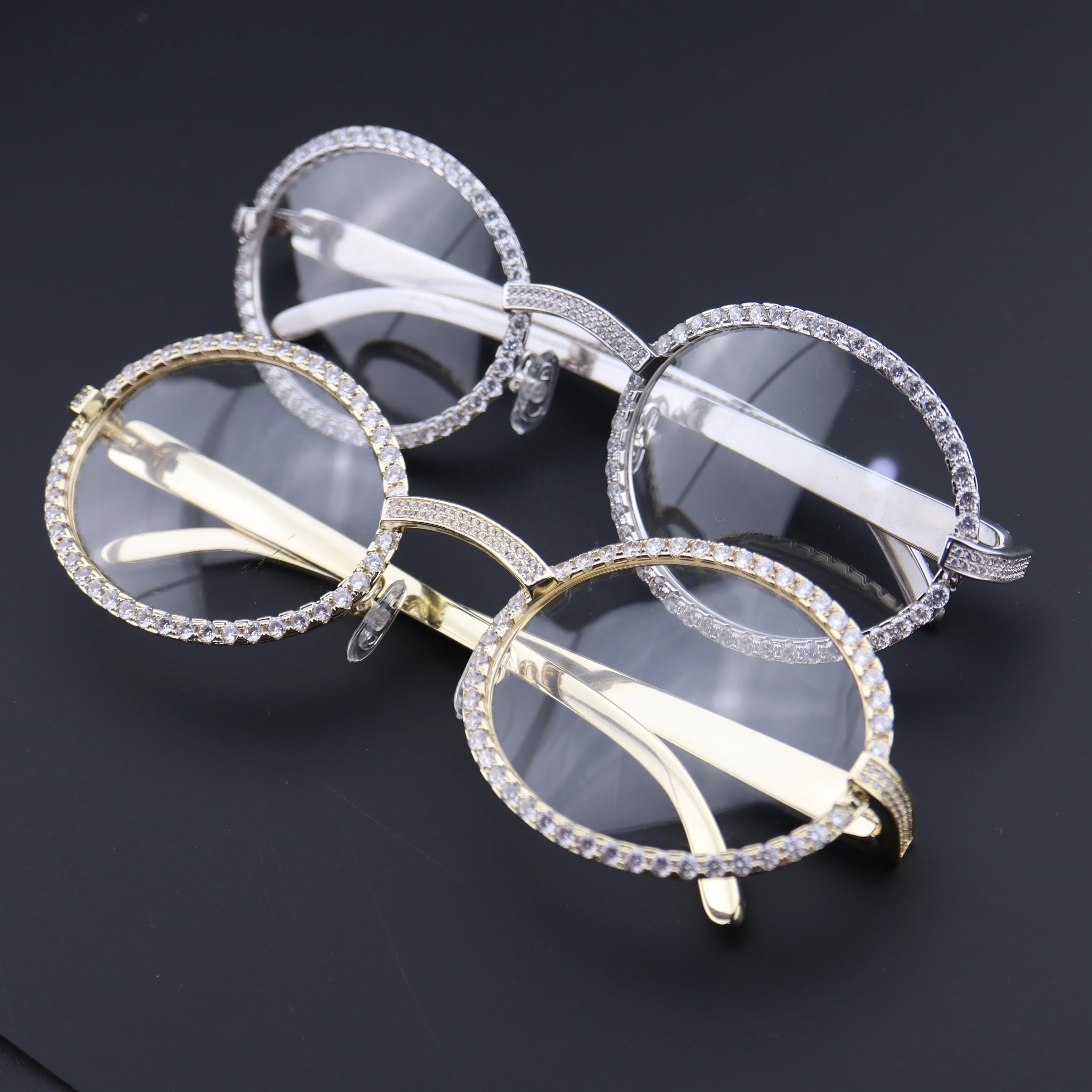 
cz diamond iced out metal hip hop round frame clear lens glasses 