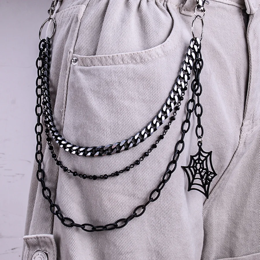 Hip Hop Punk Black Halloween Spider Web Pendant Multi-layer Cuban Link Pant Body Chain Jewelry