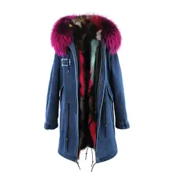 Stylish Ladies Winter Real Rabbit Fur Removable Lining Long Parka With Real Raccoon Fur Collar