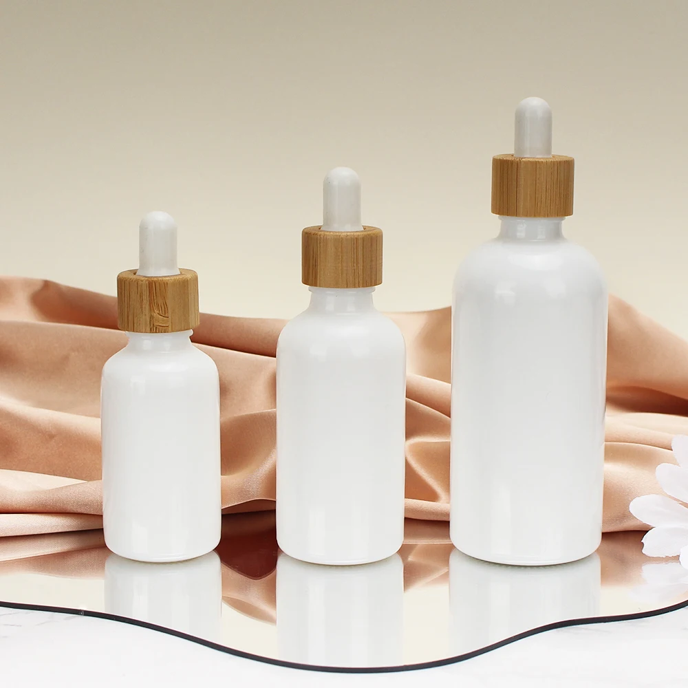 30ml 50ml 100ml White Glass Essential Oil Dropper Bottles White porcelain Empty Cosmetic Packaging Vials Bamboo Wood Lid