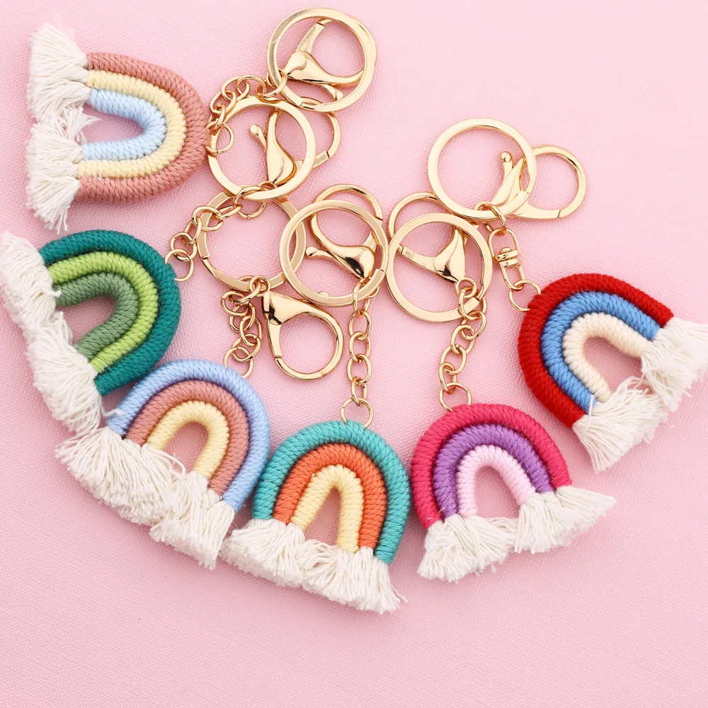 Boho Cotton Rainbow Tassel Key Chains Car Pendant Bag Accessories Woven Keychain Charm Boho Rainbow Macrame Tassel Keychains