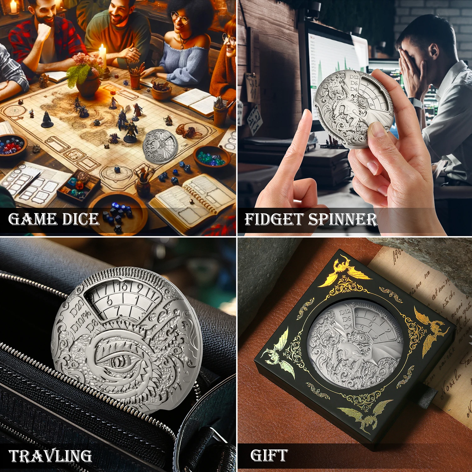 New Design 7-in-1 Dragon Roulette Metal Spinner Dice Spinning DND Dice Set D&D Steampunk Dice with Gift Box for RPG Rolling Game