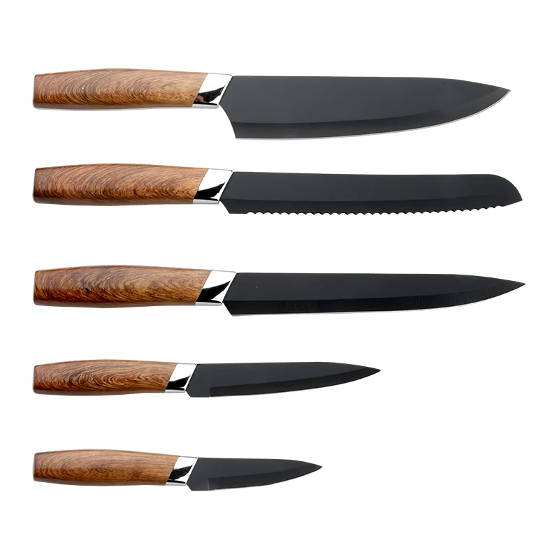 6 Piece Factory Direct Stainless Steel Wood Pattern Handle Kitchen Knife Set Accessories with Block