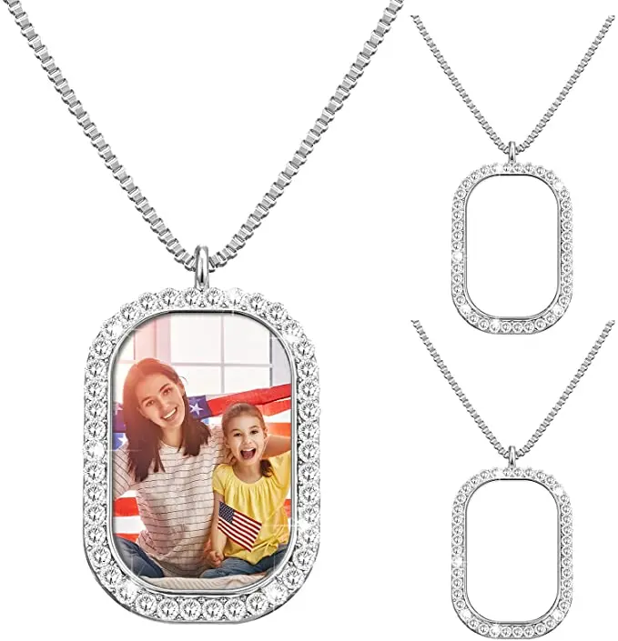 Rhinestone Sublimation Necklace Blanks Custom Photo Metal Jewelry Pendant Base With Clasp Chains