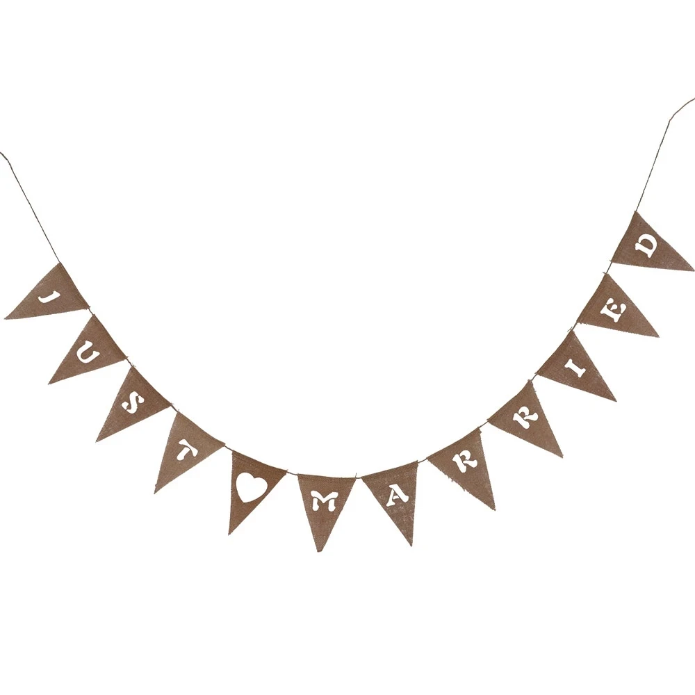 Hanging Linen Jute Rope JUST MARRIED Burlap Banners Wedding Anniversary Party Flax  Bunting Flag Pennant Decors Favors