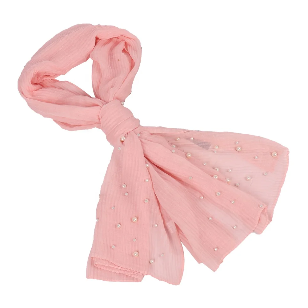 Wholesale New Design Dubai Wrinkle Lady Muslim Hijab Fashion Popular Solid Color Pearl Scarf Shawl