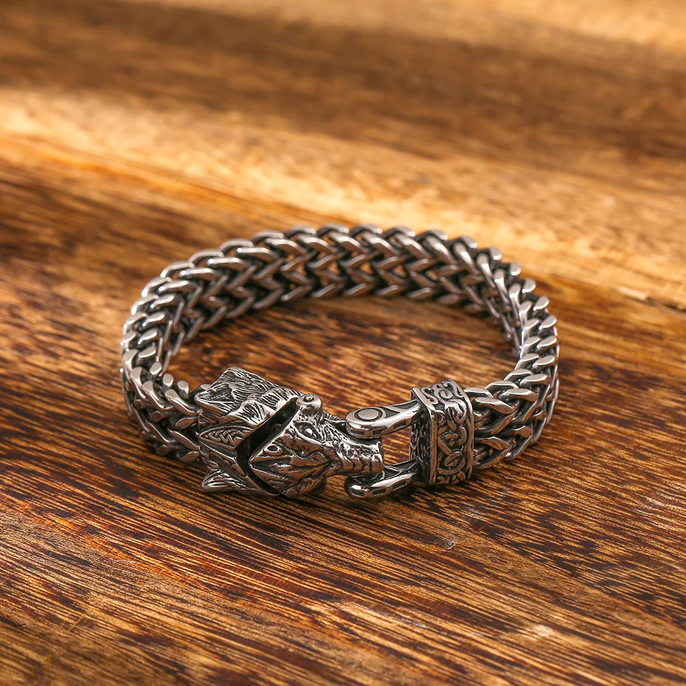 Fashion Nordic Myth Wolf Jewelry Stainless Steel Vintage Bracelet Two-Strand Wheat Chain For Men