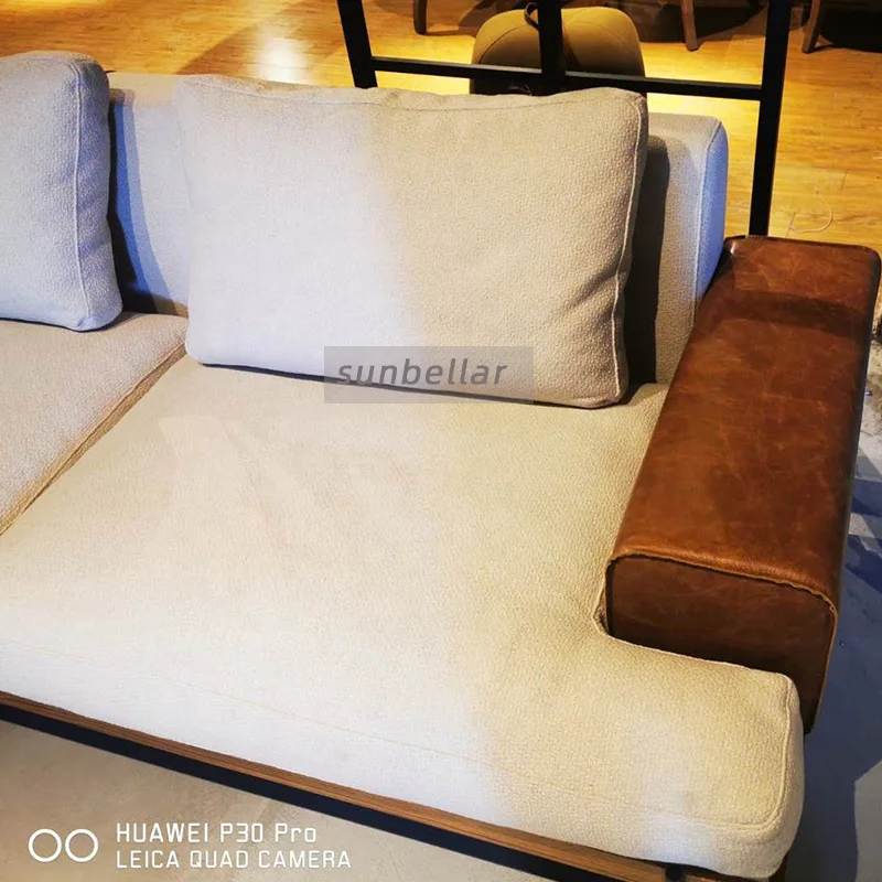 vintage fabric sofa genuine leather armrest wooden base with metal legs European style living room sofa white cotton linen