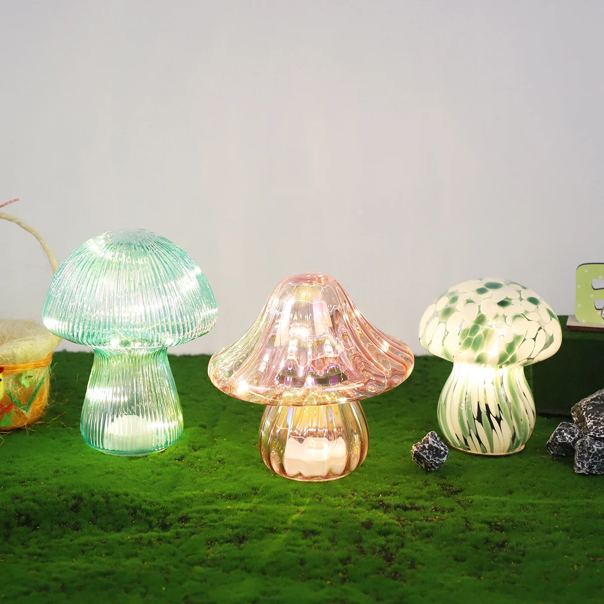 Mushroom Lamp Small Bedside Table Lamp with Striped Glass Nightstand Lamp for Bedroom Living Room