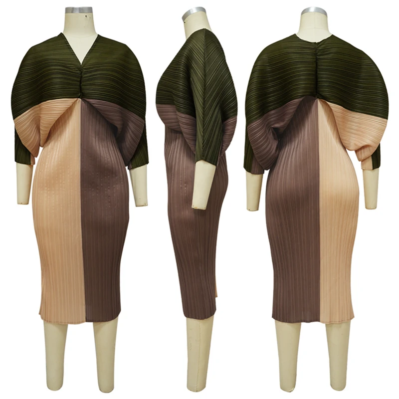 Channel Hot Sale 2023 V Neck Bat Sleeve African Print Turkey Pleated Midi Dresses Women Lady Elegant