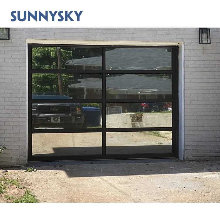 Sunnysky Aluminum Alloy Frosted Glass Modern New Black Combined Automatic Garage Door For Villa Modern Garage Door