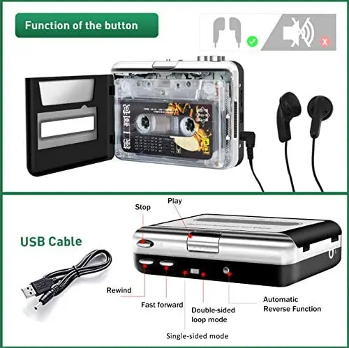 Portable Cassette Player Tape Convertor to MP3 via USB Compatible with Laptops and Personal Computers with Earphones