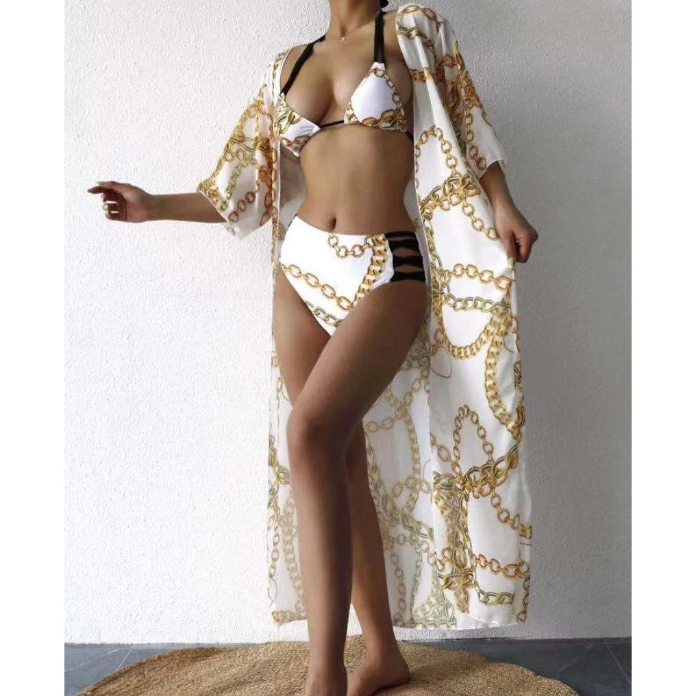 Оптовая продажа 2022 модный роскошный купальник бикини со шнуровкой Женский сдержанный из 2 частей с высокой талией пляжное платье накидка
