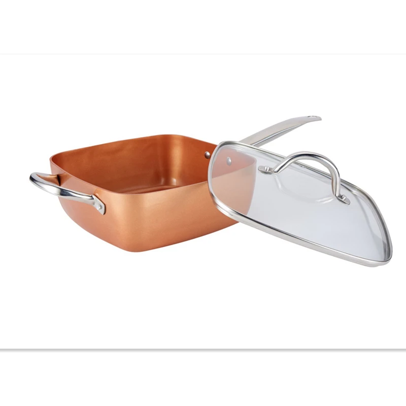 Hot Selling 4 in 1 pressed aluminium cookware set copper nonstick square pot square fry pan