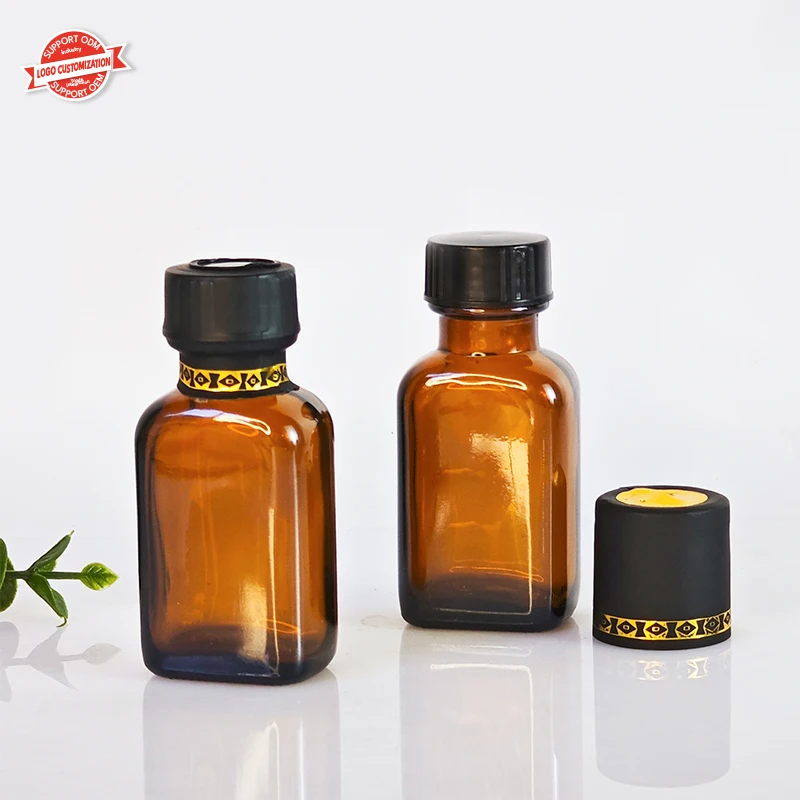1oz 30ML square amber glass bottle with black cap for Essential Oil Medicine bottle
