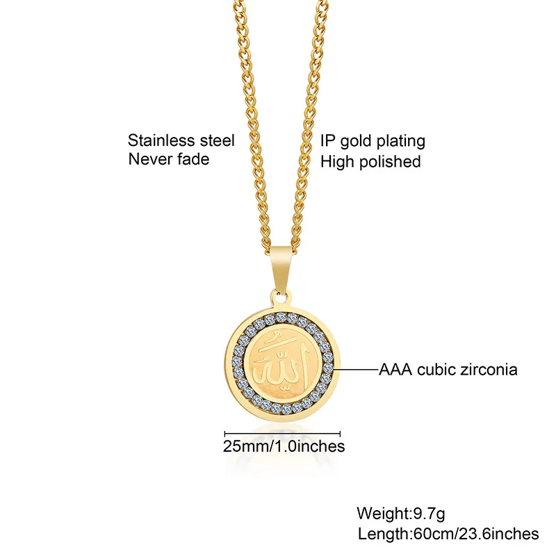 LWX50025 Gold Plated Cz Stainless Steel Pendant Necklace With Muslim Islam Allah Engraved Customized For Men Women