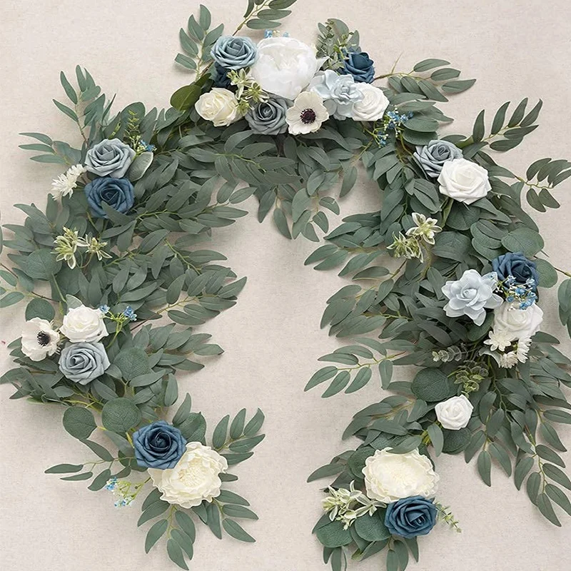 6FT Artificial Garland Dusty Blue Table Runner with Flowers Handcrafted Wedding Centerpieces Arch Flower Garlands