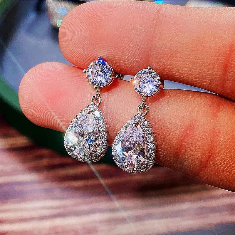 New Fashion 925 Silver Needle Bling Crystal CZ Water Drop Big Zircon Gem Stone Stud Earrings for Women Cubic Teardrop Earrings
