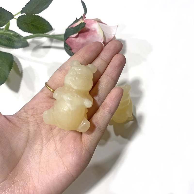 natural Crystal stone carving calcite stone bear statuel yellow Calcite bear sculpture for crystal crafts