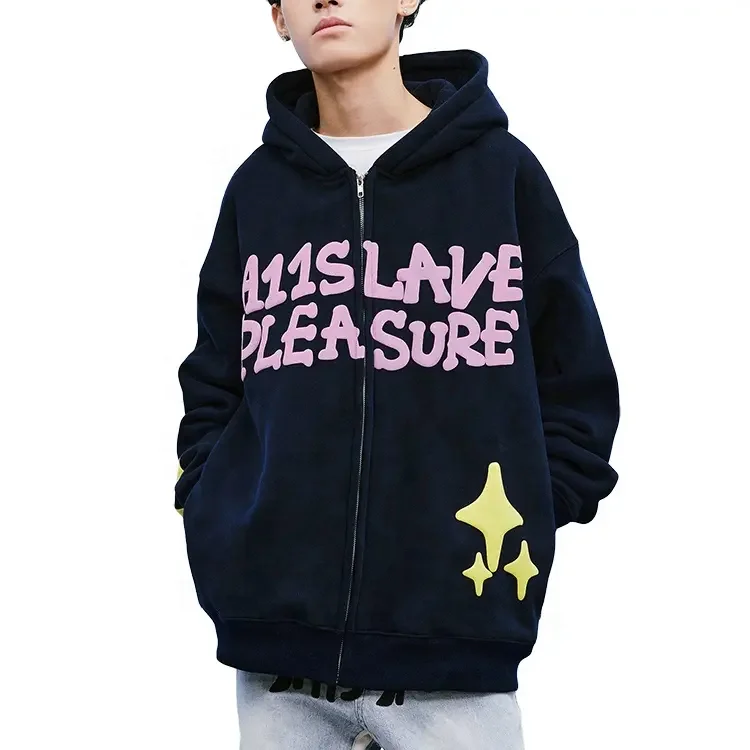 Custom logo cotton heavy oversized mens 3D puff printing hoodies vintage acid washed foam print  full zip up hoodie unisex