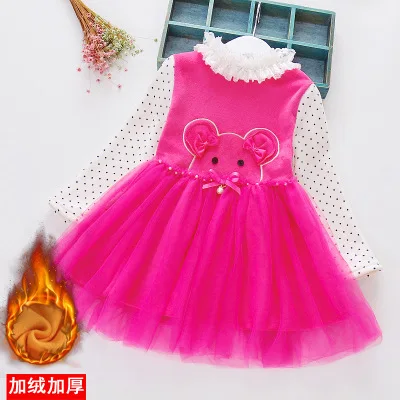 Girls winter one-piece dress Chinese style bear embroidered princess dress plus velvet thickening baby girl skirt