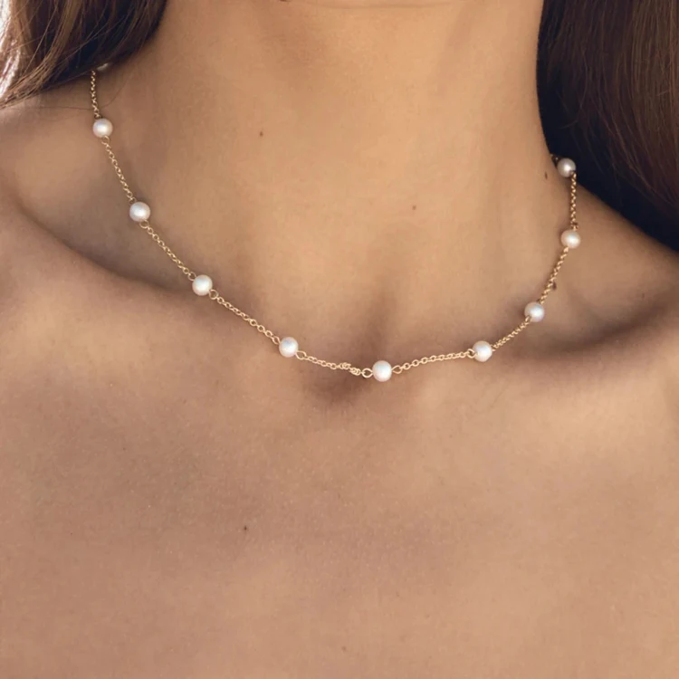 Handpicked Round pearl choker necklace 18K gold plated stainless steel chain natural fresh water pearls handmade short necklace