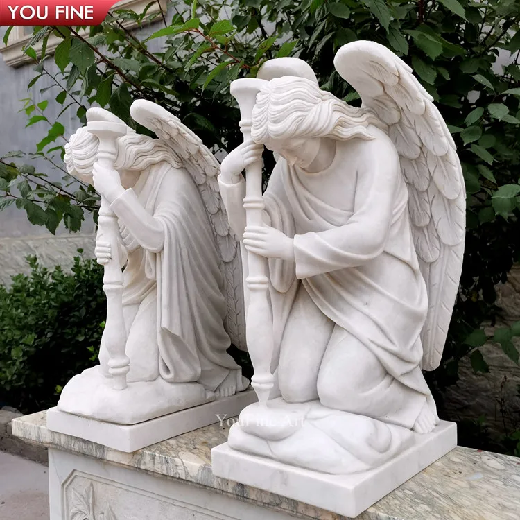 Life Size Hand Carved Praying White Marble Kneeling Angel Statue