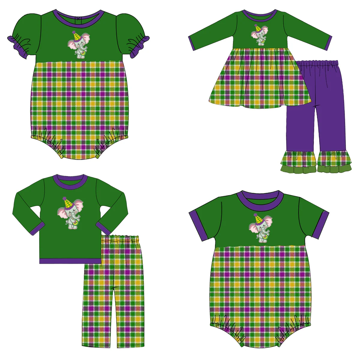 High Quality Mardi Gras new style boutique dress wholesale elephant applique sets ruffle pants girls fall outfits