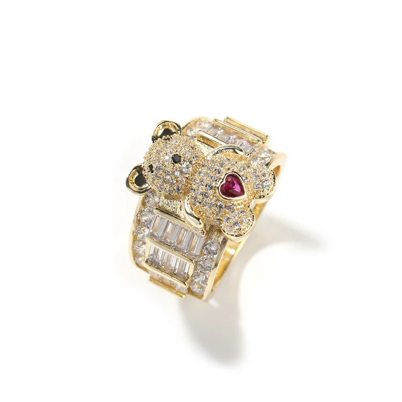 Fashion European and American Hip Hop 18K Gold Iced Out 3D Cute Teddy Bear CZ Diamond Adjustable Promise Index Ring