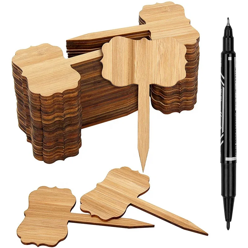 60 PCS Bamboo Plant Labels, Plant Tags, T- Type Wooden Plant Markers with Pen (6.3x10cm)