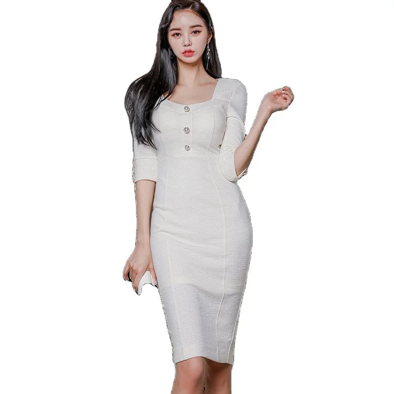 Spring Casual Dresses Apparel Women Dress Clothes Casual Dress Bodycon Lady Elegant 2021 Temperament OL Wrap Skirt Button