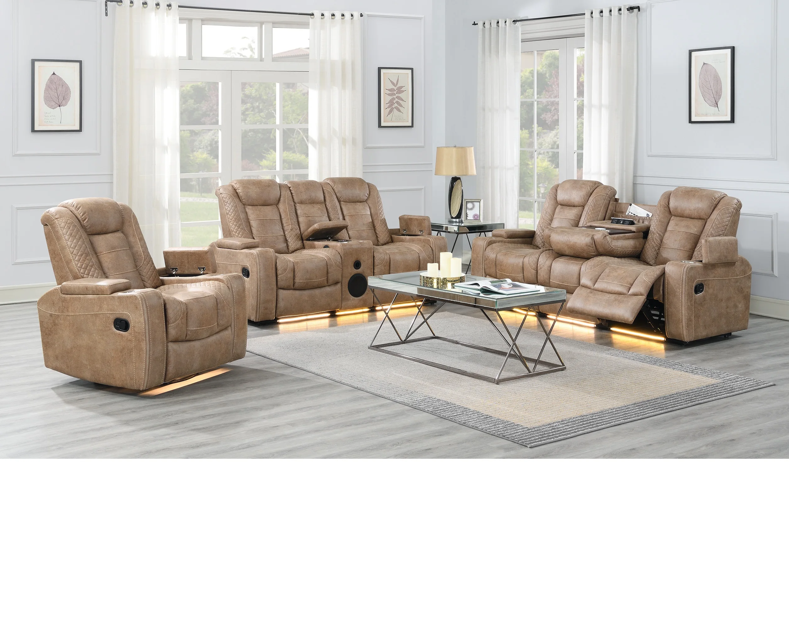 Luxury 1+2+3 power recliner sofa with console and wireless charging