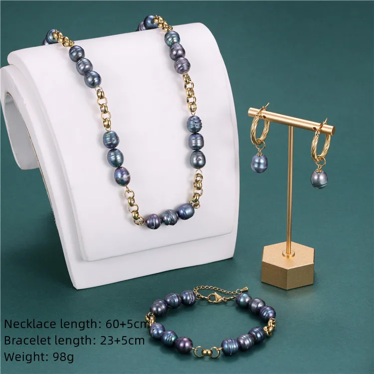 Hawaiian 18K stainless steel thick chain natural freshwater pearl necklace earrings bracelet set