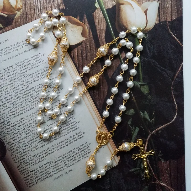 Religion Christ Pearl Jewelry Catholic Prayer Bead Necklace Cross Catolicos Mayor Muslim Rosary
